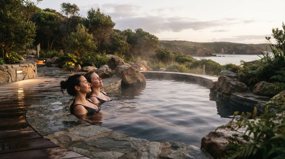 Serene mineral thermal pool surrounded by natural rock formations with steam rising, person relaxing in warm water at dusk with soft golden lighting