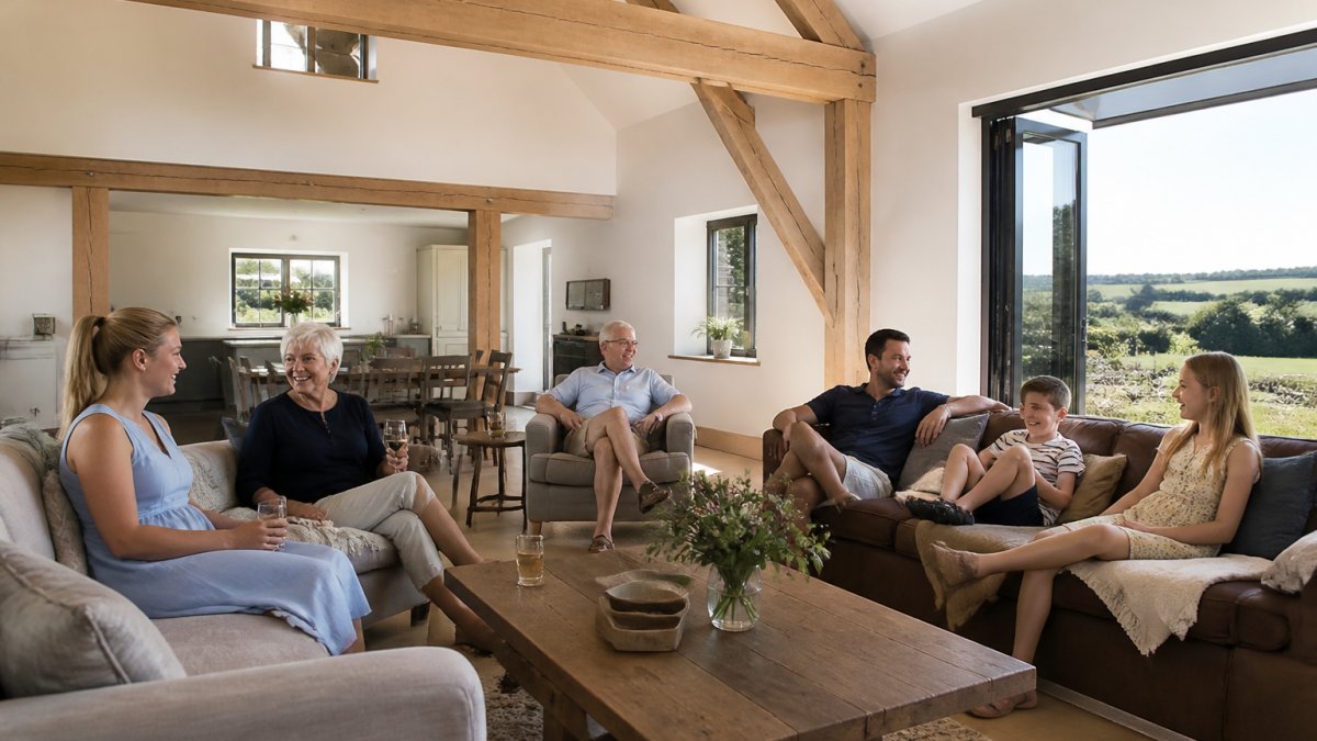 A spacious, light-filled barn interior with comfortable seating areas, multiple generations of a family relaxing together in well-appointed living space with countryside views and natural sunlight streaming through windows