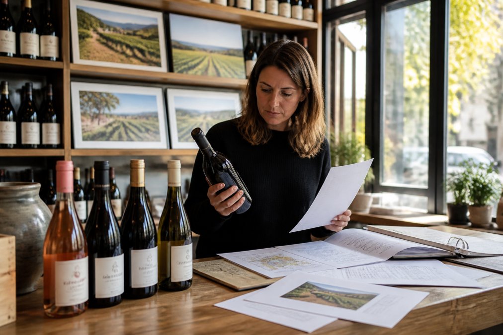 Boutique wine shop owner carefully examining wine bottles and producer documentation at a wooden counter, with framed vineyard landscape photographs visible on the shelves behind, natural afternoon light streaming through the storefront