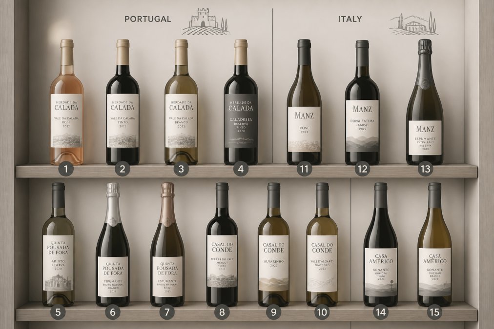 Close-up of distinctive wine bottles from small Portuguese and Italian producers arranged on wooden shelves, showing unique handcrafted labels and natural cork closures, with soft diffused light highlighting the bottle details