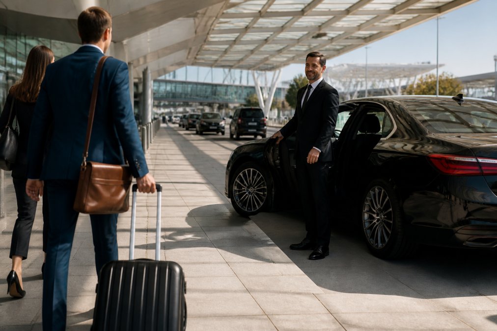 Professional chauffeur in formal attire standing beside a luxury sedan at an airport terminal, with business travelers approaching with luggage in natural daylight