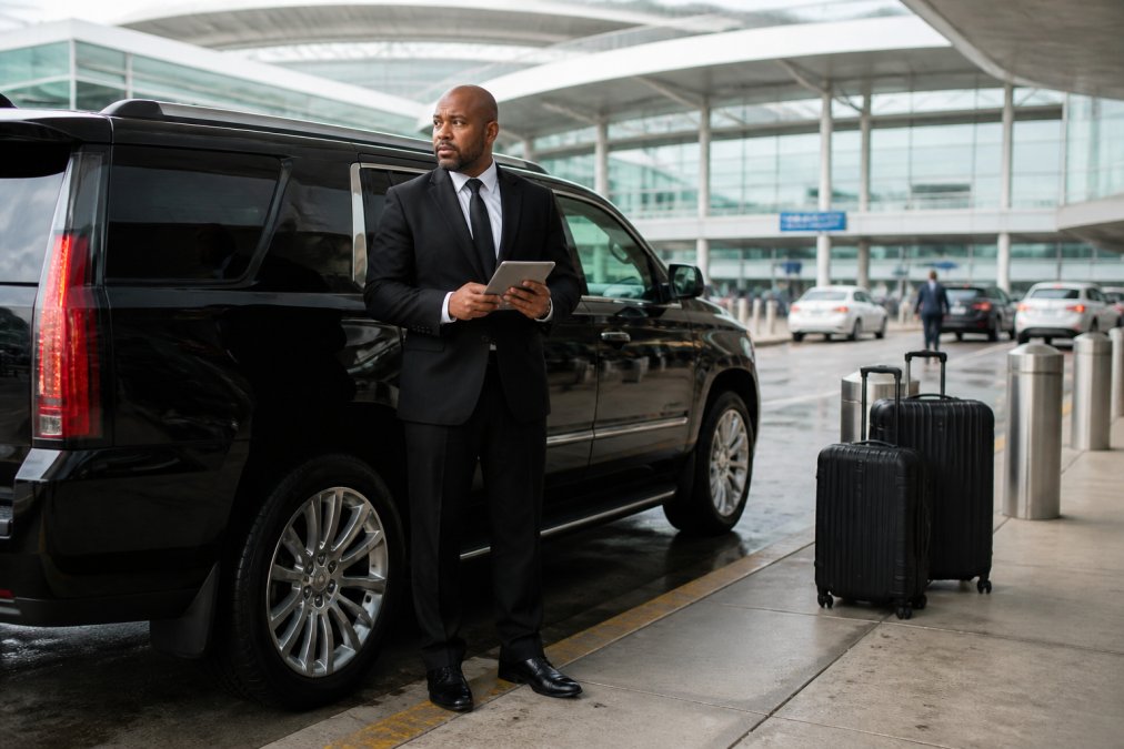 A professional chauffeur in a black suit standing beside a black SUV at Charlotte Douglas International Airport curbside, holding a tablet, with the airport terminal and luggage in the background