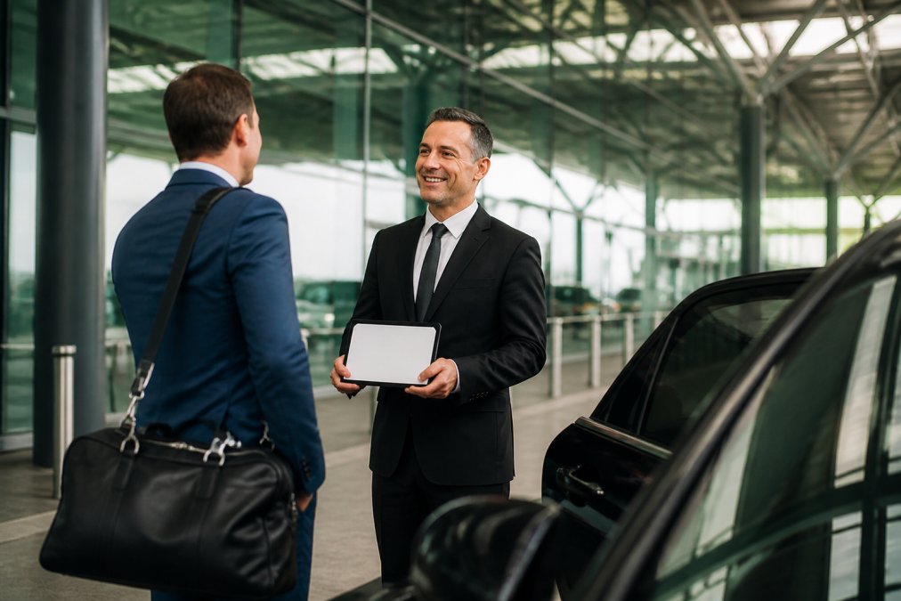 Professional chauffeur in formal dark suit greeting a business traveller at an airport terminal, holding a name placard with the passenger's name, modern glass and steel airport architecture visible in the background with natural daylight