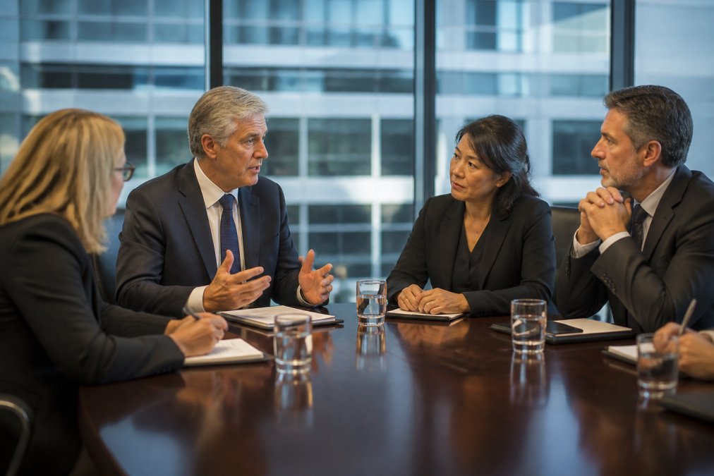 Board members in professional attire having a focused discussion around a polished boardroom table, with one person speaking while others listen attentively
