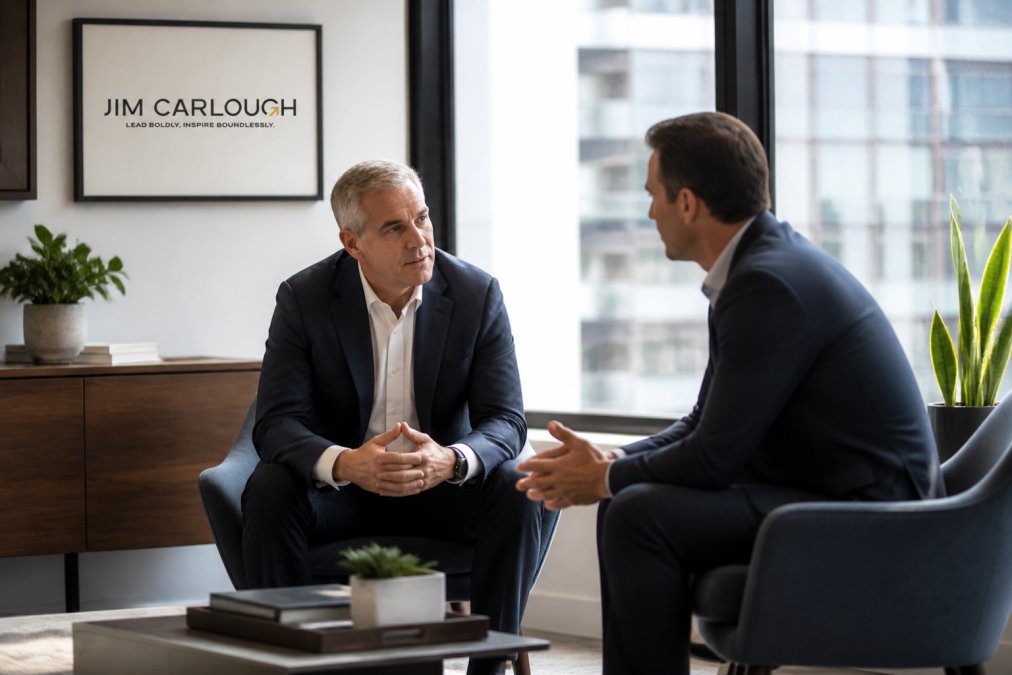 Senior executive and coach in focused one-on-one conversation in modern office setting, both leaning forward in dialogue, natural window lighting illuminating the space