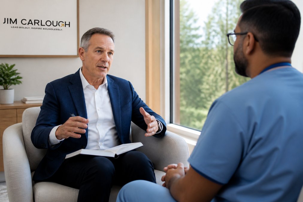 Healthcare executive having focused one-on-one coaching conversation in private consultation office with natural lighting and professional setting
