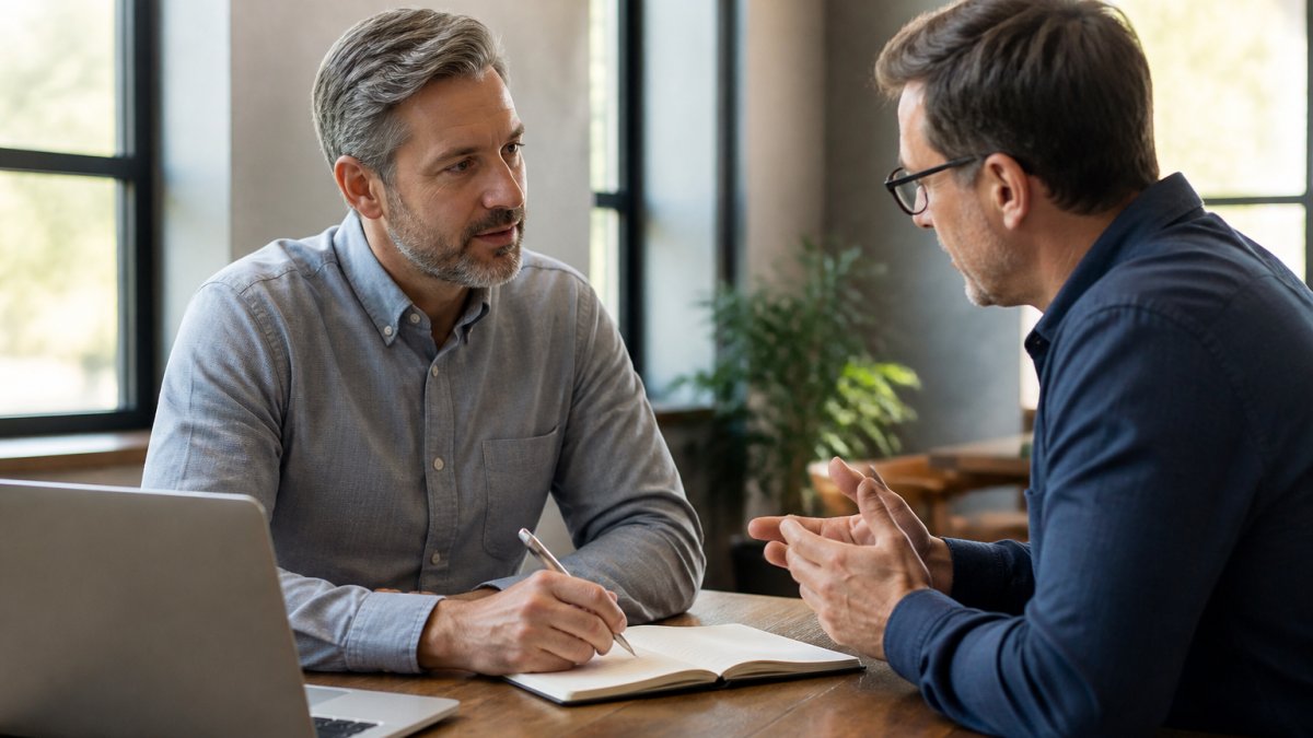A small-business CEO and an executive coach in a candid one-on-one conversation at a table with a notebook and laptop, natural window light, focused and engaged body language