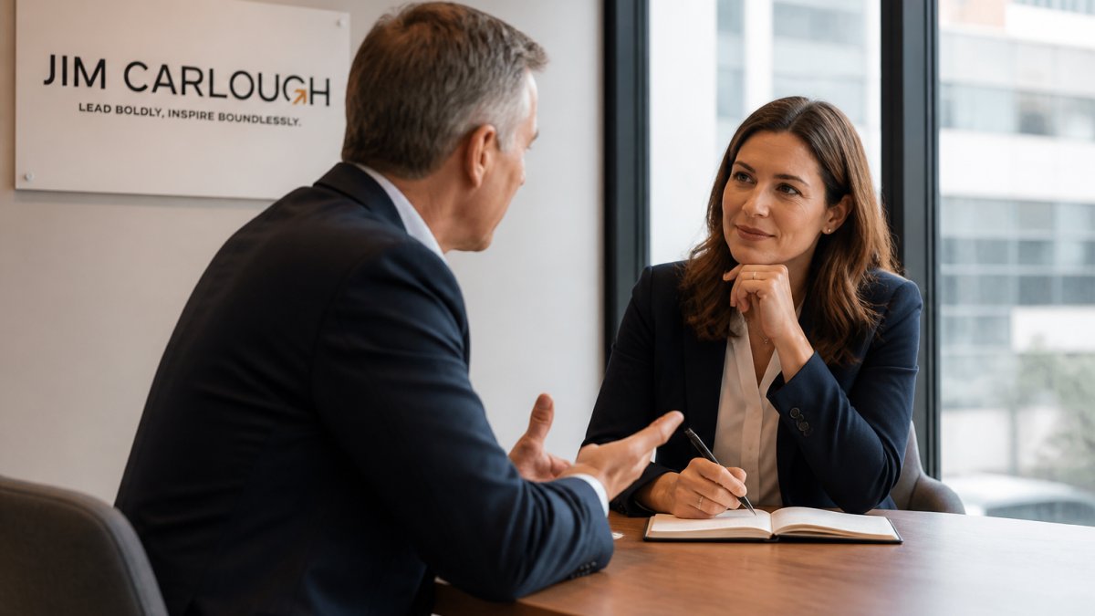 Two business professionals in a one-on-one meeting, one listening attentively while the other speaks, seated in a bright modern office with a notebook on the table