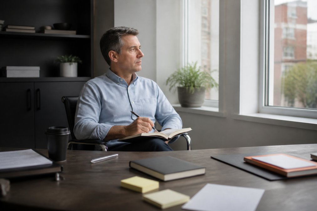 Leader reflecting in a quiet office after a meeting to practice executive coaching skills