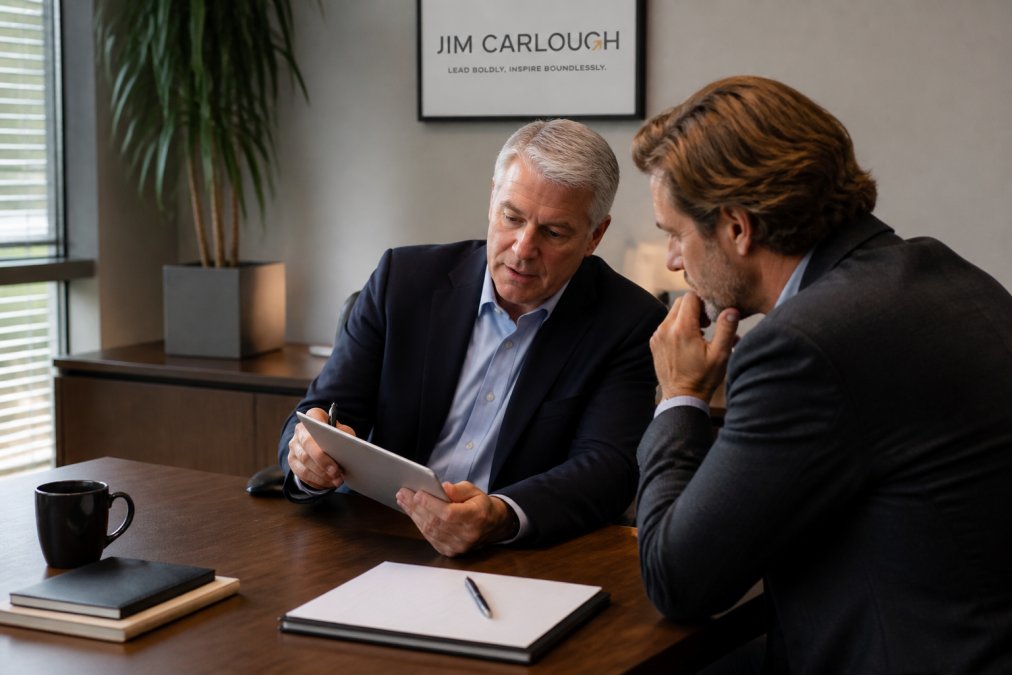 CFO and executive coach reviewing performance data and metrics on a tablet during a one-on-one coaching session in a professional office setting