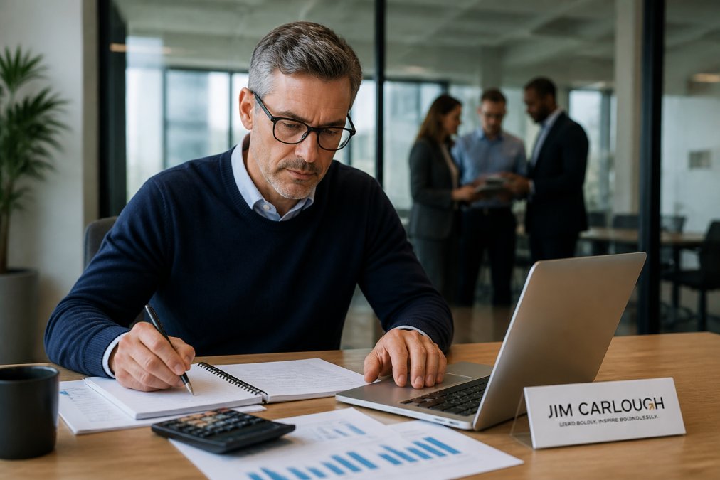 Finance leader working at desk with laptop, spreadsheet visible, analyzing coaching program results and financial impact with colleagues visible in background