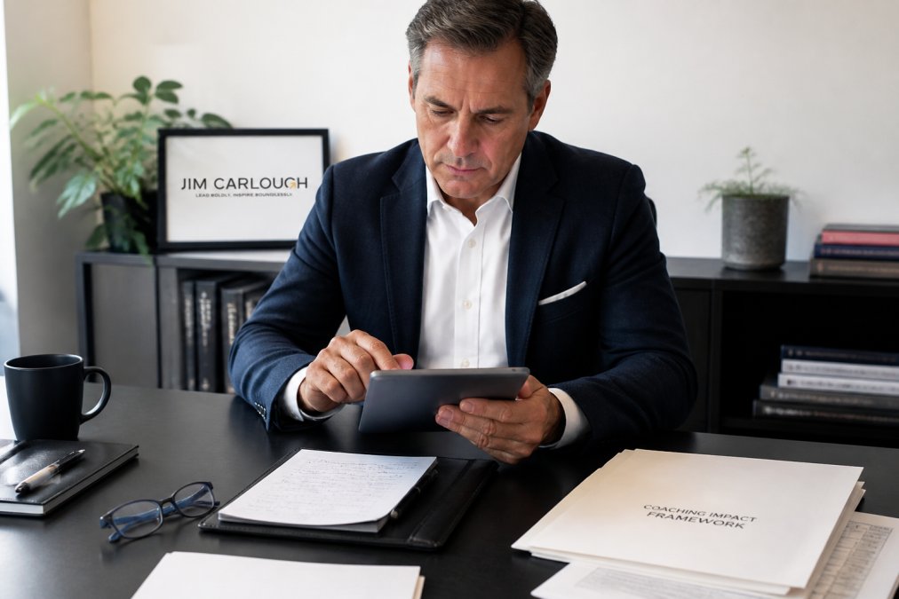 Senior leader in professional office setting reviewing performance metrics and coaching progress notes on a tablet, with focused engagement and organized desk environment with business documents