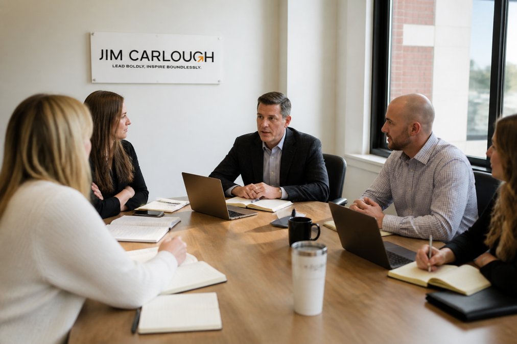 Business team in modern conference room collaborating around table with notebooks and laptops, discussing strategy and outcomes with visible engagement