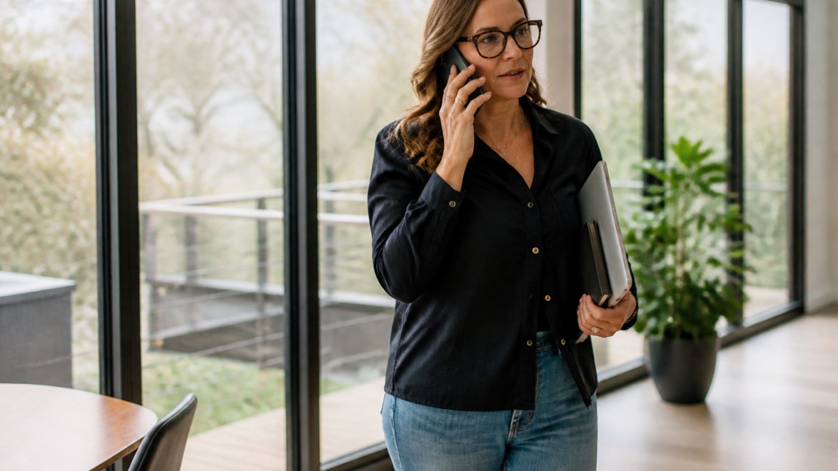A late-diagnosed adult in their 40s sitting at a home office desk with a laptop, notebook, and coffee, looking thoughtfully at a calendar or planner, with a calm and focused expression