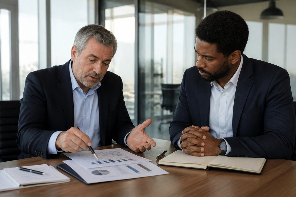 Executive coach and leader in focused one-on-one coaching session reviewing development notes and progress charts in modern glass-walled office with natural daylight
