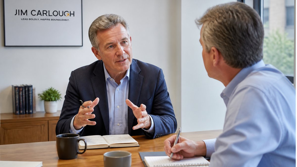 Senior executive in a modern office having a one-on-one coaching conversation with a professional coach, both seated at a table with notebooks and coffee