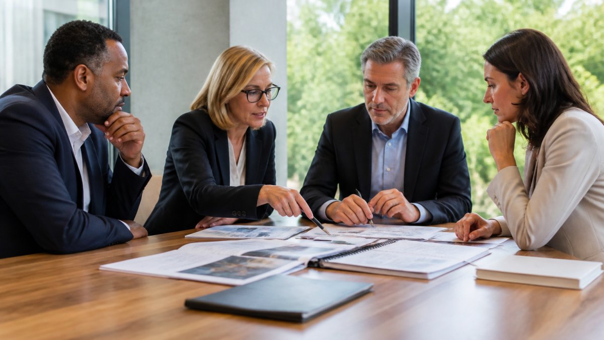 Professional team reviewing executive leadership development program materials and cost breakdowns in modern boardroom with large windows and natural lighting