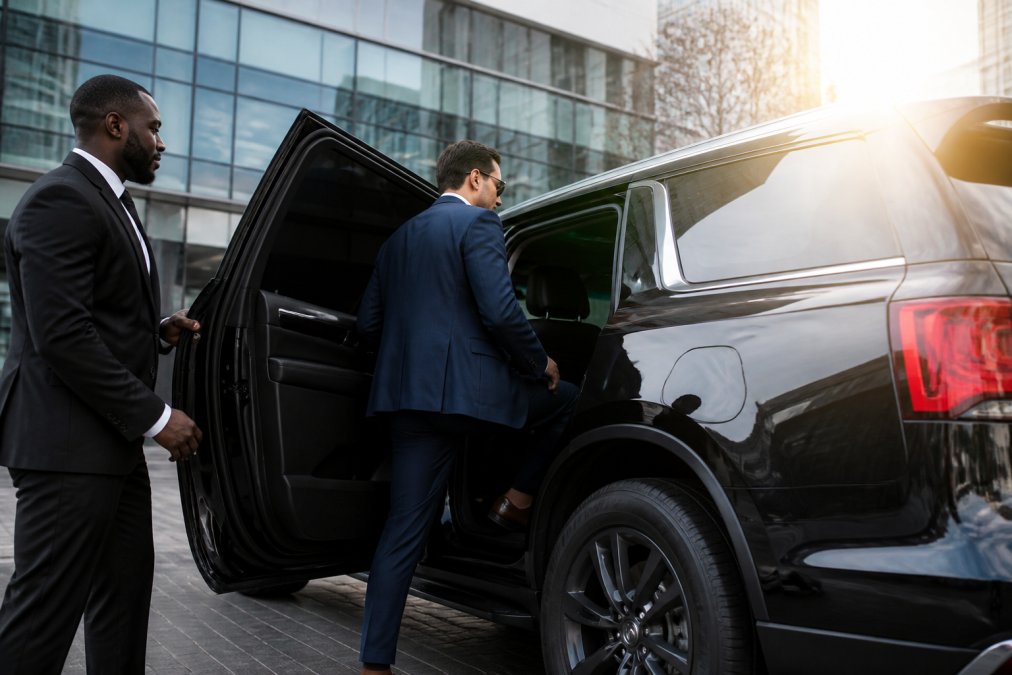 Professional executive in tailored suit stepping into luxury black SUV with driver assistance, modern Charlotte office building and glass facade in background, morning sunlight