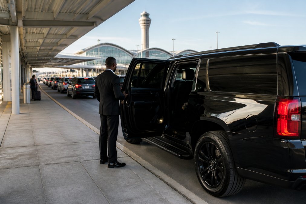 Luxury black truck parked at Charlotte Douglas International Airport terminal curbside with professional driver in dark suit standing at rear door, morning arrival time, airport signage visible in background