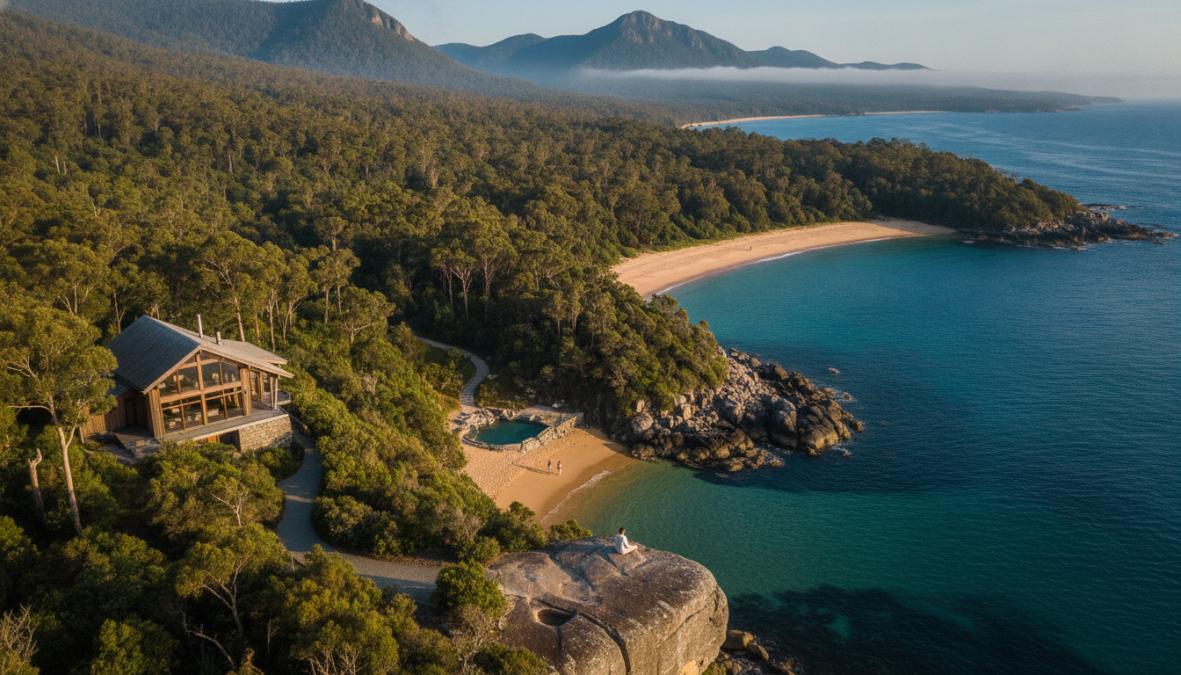 Aerial view of pristine Tasmanian bushland with a secluded luxury retreat building nestled among native trees, natural landscape, and winding pathways visible from above
