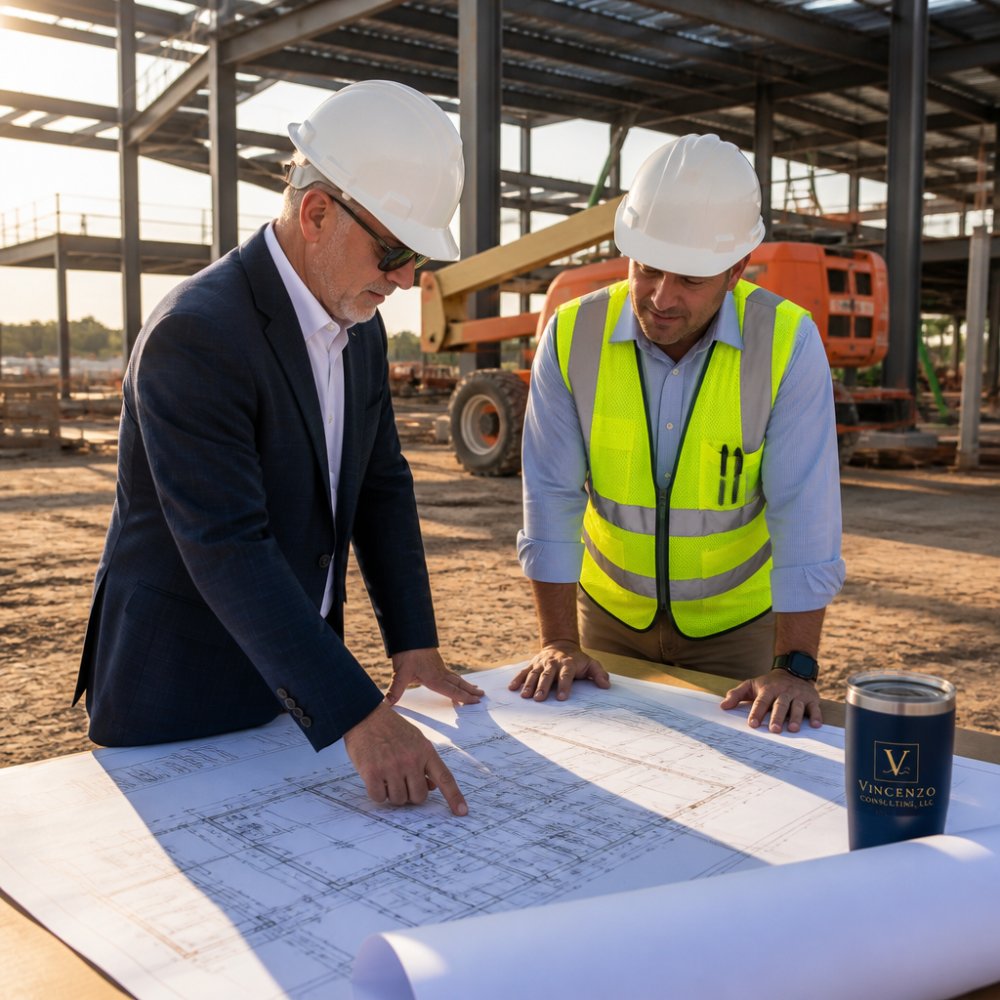 An owner's representative in a hard hat reviewing construction drawings with a project manager on a commercial job site, with steel framing and heavy equipment visible in the background under morning light