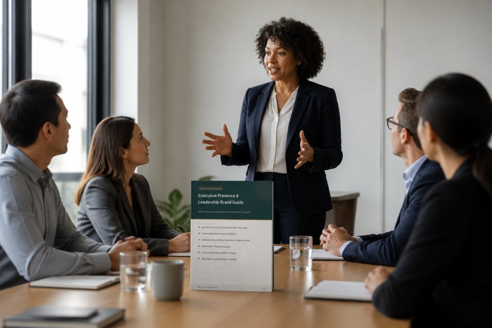 Professional illustration showing room and engaged and manager concepts for executive presence training