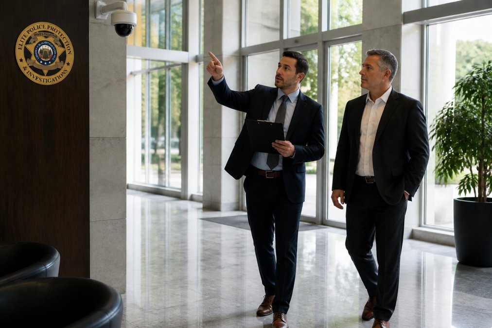A security consultant in business attire walking a corporate executive through a building lobby while pointing out entry points and camera placement, clipboard in hand, natural daylight
