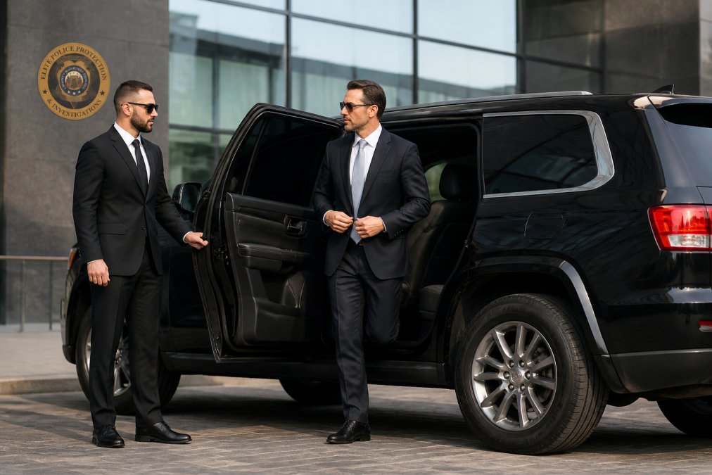 A professional security agent in a dark suit standing beside a black SUV, holding the rear door open for an executive outside a modern glass office building