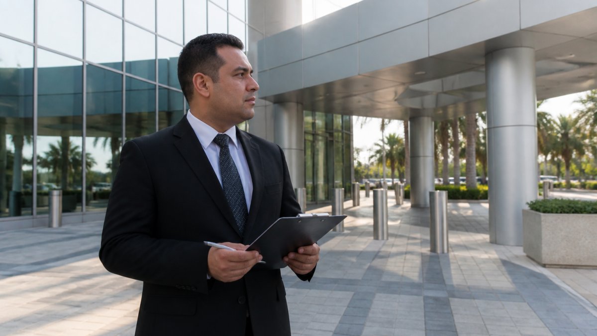Security professional conducting a site assessment for executive protection vs bodyguard services at a corporate entrance