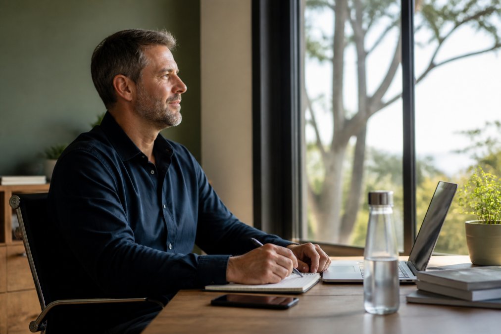Professional back at work environment, sitting at desk with natural light from window, posture relaxed and focused, notepad and water bottle visible, calm expression, mid-morning light