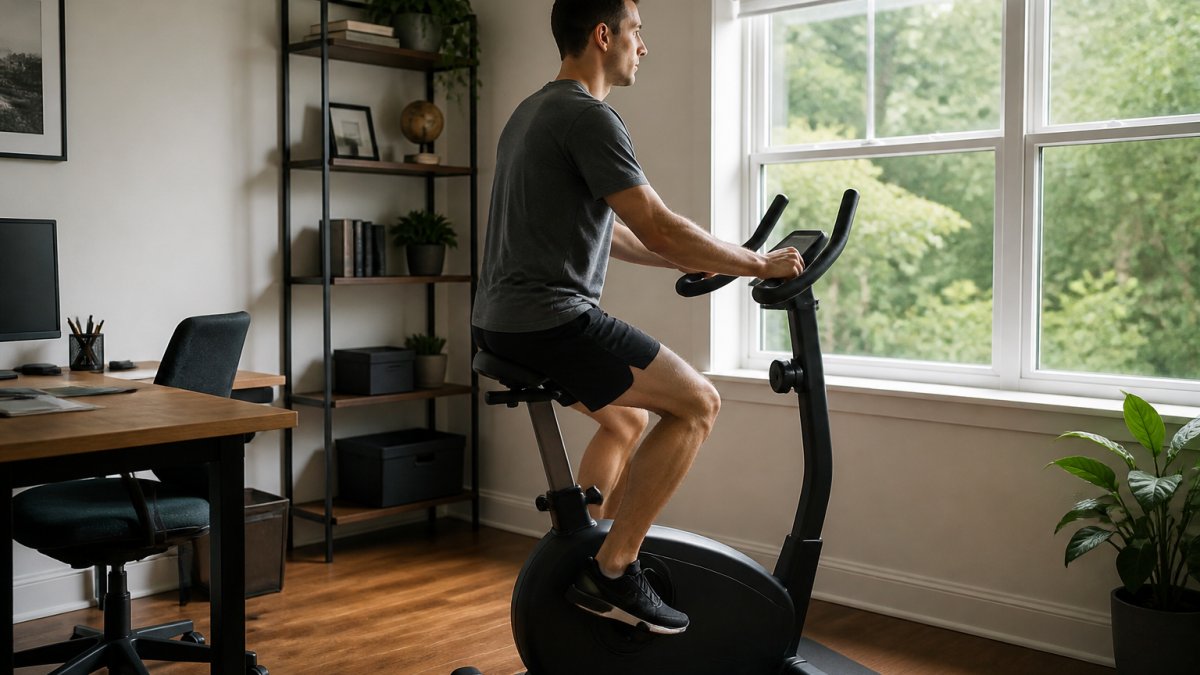 Person maintaining proper posture on an upright exercise bike in a bright home office