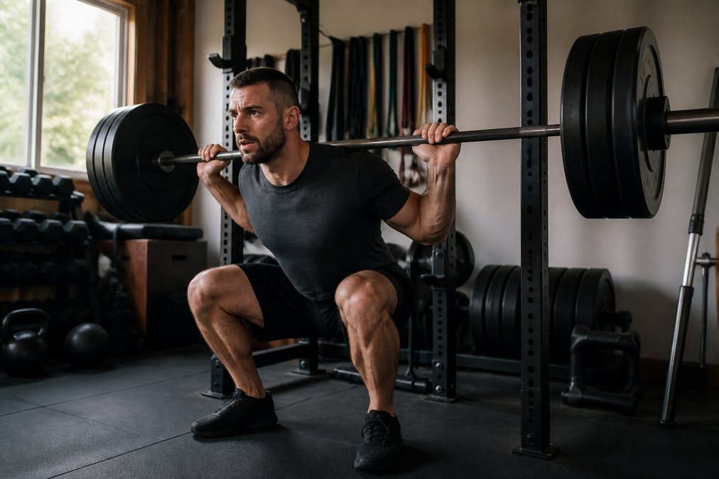 A person performing a barbell squat in a well-lit home gym with weight plates loaded on the bar, a squat rack in the background, and black rubber gym flooring visible underfoot