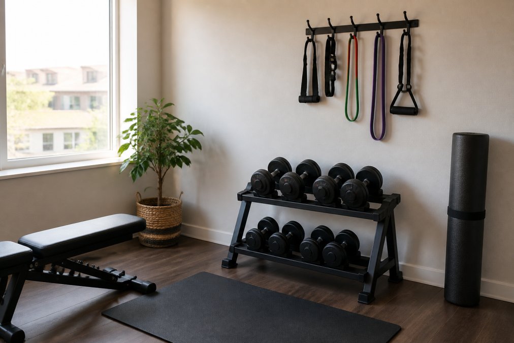 A compact home gym setup in a small apartment room with adjustable dumbbells on a low rack, resistance bands hanging on wall hooks, and a rolled foam mat in the corner, lit by natural light from a nearby window
