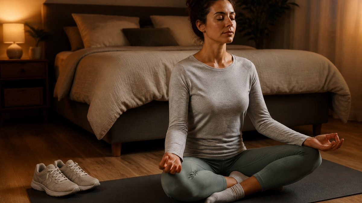 Person meditating on a yoga mat after exercise vs meditation to improve sleep quality in a calm bedroom
