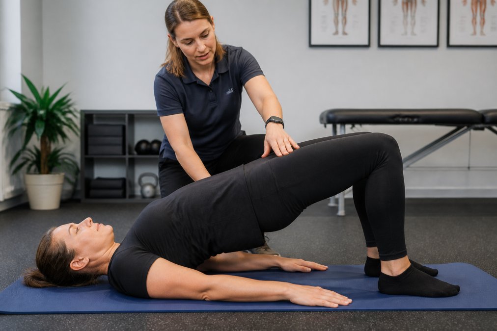 Professional demonstrating a glute bridge to help with exercises for office worker back pain in a clinic