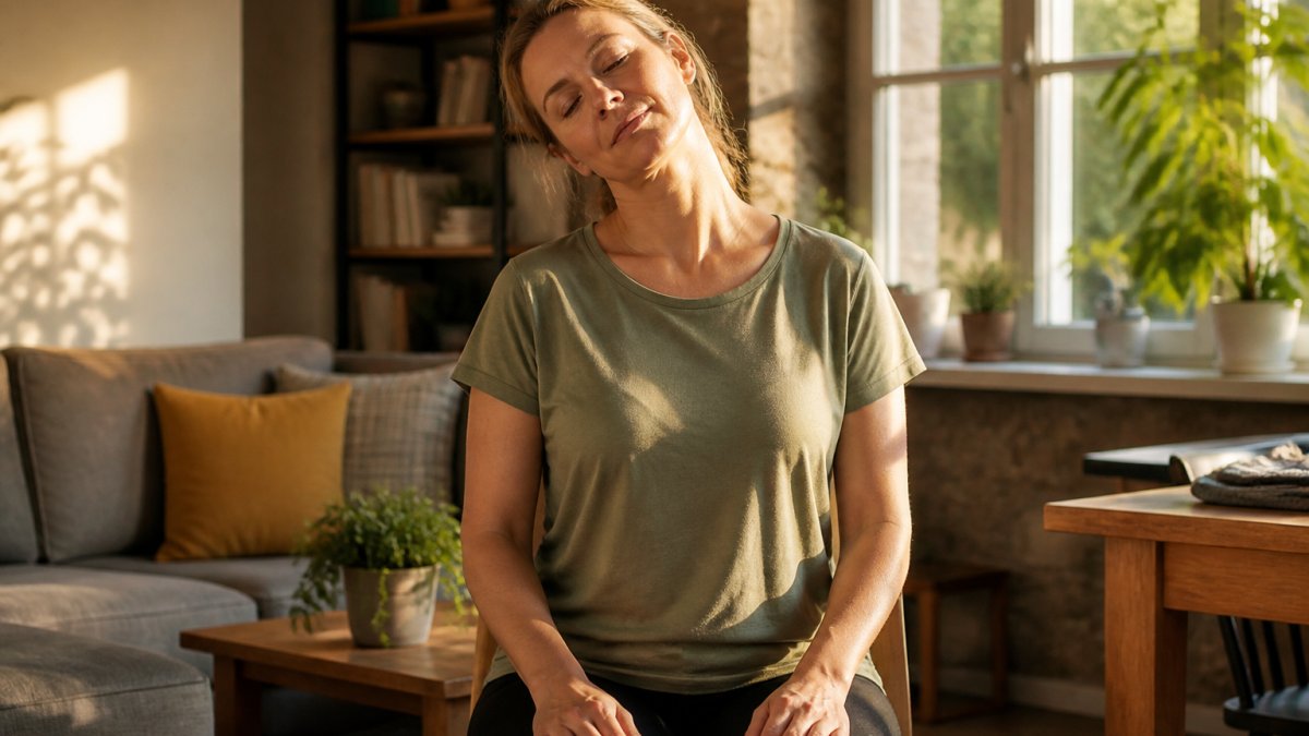 A person sitting upright in a bright living room, gently tilting their head to one side with a calm expression, demonstrating a slow neck stretch