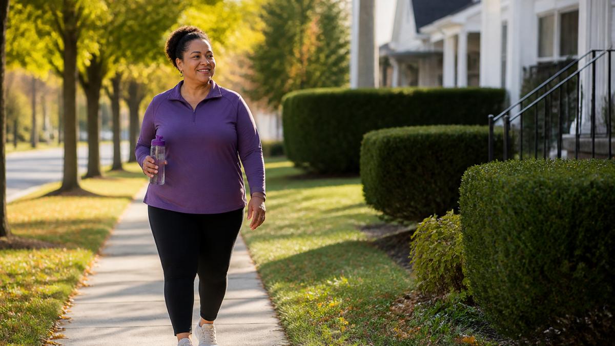 Woman in comfortable walking clothes strolls on a quiet suburban sidewalk during the morning light.