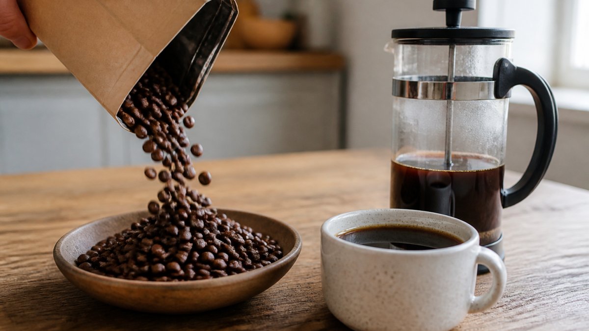 A close-up of freshly roasted coffee beans being poured from a bag into a bowl, with a cup of black coffee and a French press on a wooden table in a bright kitchen