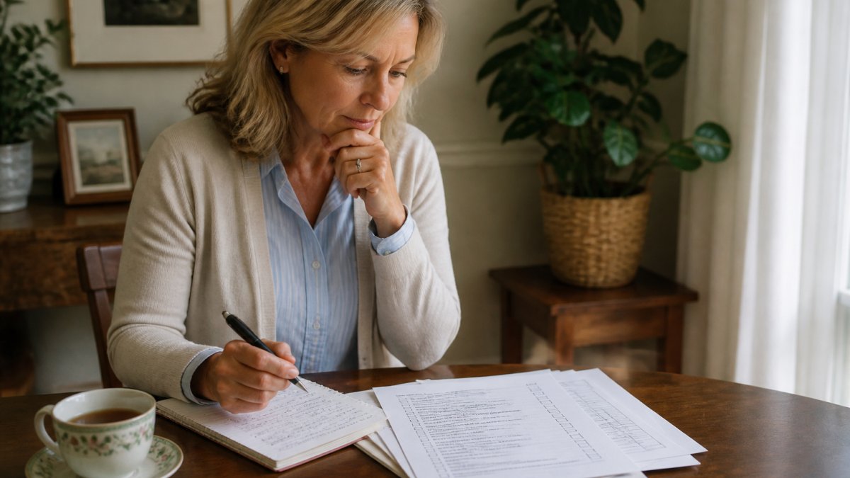 Person sitting at a desk with a notebook and pen, reviewing health notes and a checklist, with a cup of tea nearby, looking thoughtful and focused