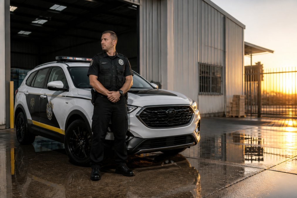 Licensed security officer in uniform standing beside marked mobile patrol vehicle at commercial warehouse entrance, early morning light, professional bearing