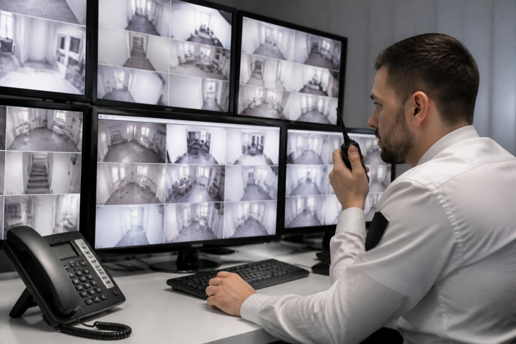 Security professional monitoring multiple CCTV screens and alarm system displays in 24/7 control room with professional lighting and professional bearing