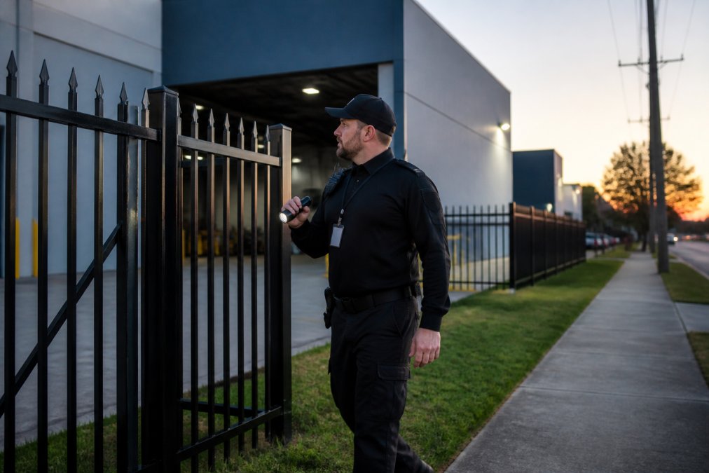 Security officer in uniform conducting property perimeter check at commercial warehouse entrance, checking access points and gates in early morning light