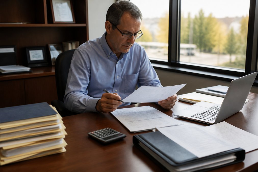 Business owner reviewing financial documents and organized files at a desk with laptop and calculator, natural office lighting from windows