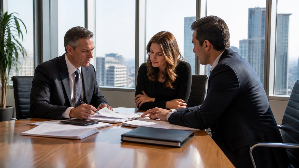Commercial real estate professionals reviewing investment documents and discussing exit strategy in a modern office conference room with floor-to-ceiling windows overlooking the city skyline