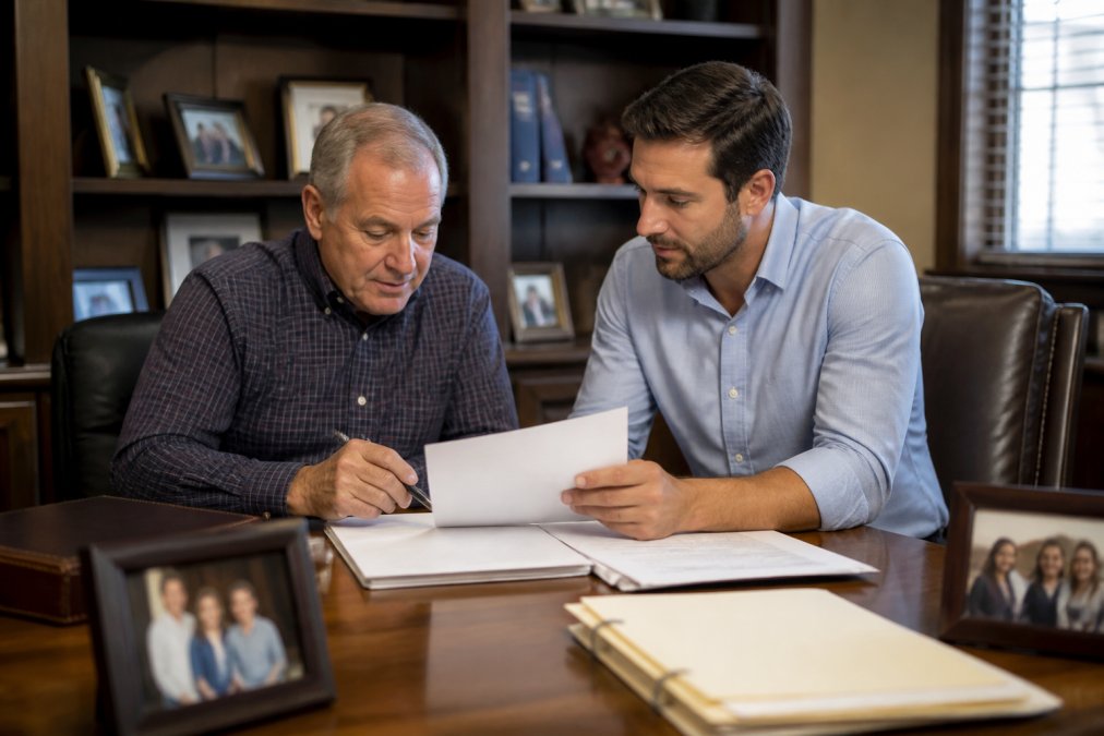 A senior family business owner and adult child reviewing documents at a wooden desk in a small office, with framed photos and a laptop visible