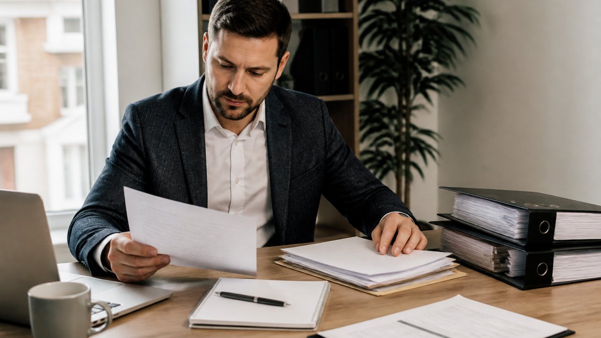 Professional landlord reviewing property documents and tenant files at desk with laptop, notebook, and inspection checklist in modern office setting