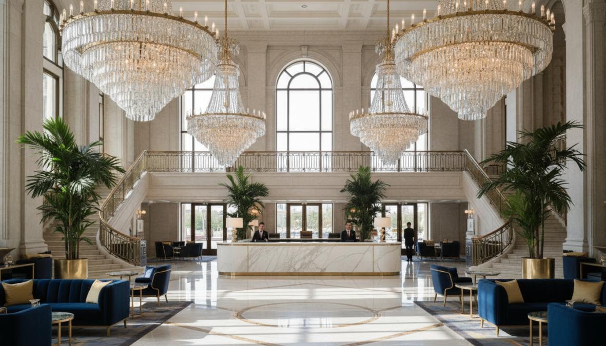 Luxuriöse Hotellobby mit großem Kristallleuchter über der Rezeption, elegante Marmorboden und hochwertige Möbel im Hintergrund