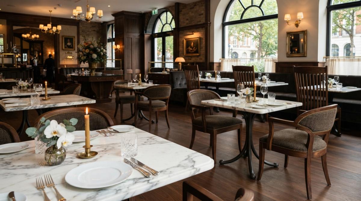 Eleganter Gastronomieraum mit edlen Marmortischen, massiven Holzstühlen in warmer Beleuchtung und bronzefarbenen Accessoires