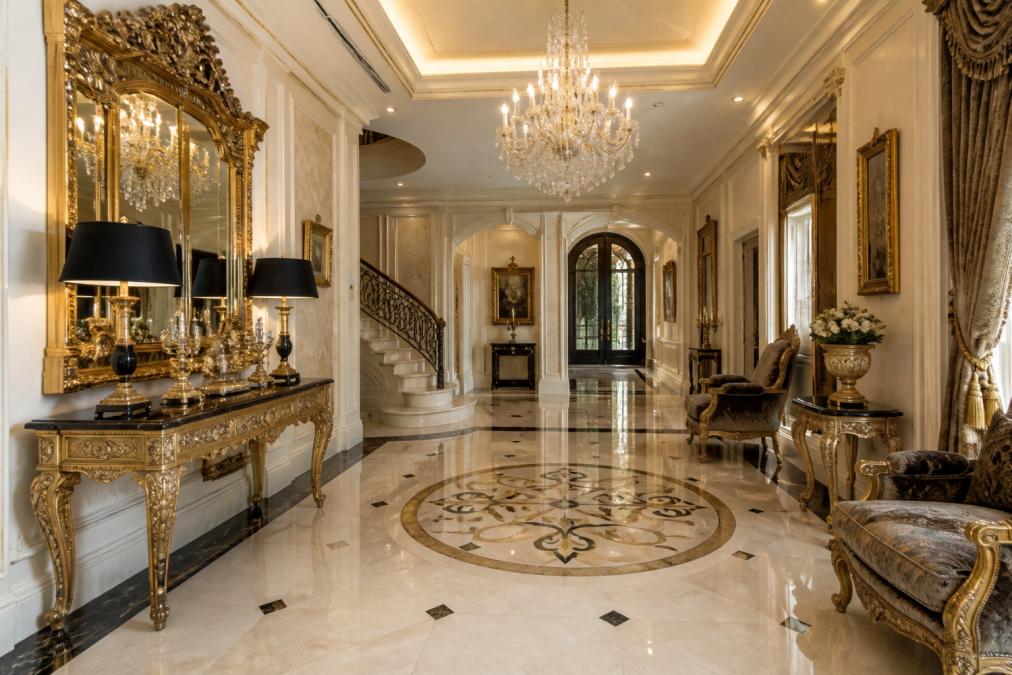 Ein elegantes Foyer einer Luxusvilla mit barocken Möbeln, Marmorboden und kristallklaren Leuchtern, die sanfte Lichteffekte auf die Wände werfen und eine Atmosphäre von zeitloser Eleganz schaffen