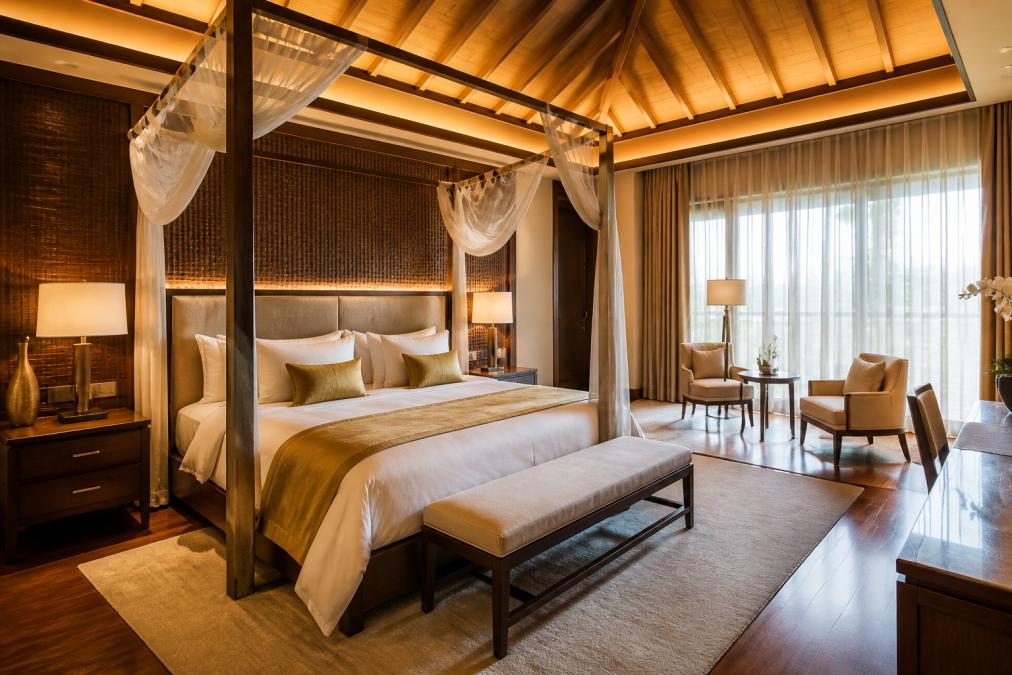 Eine luxuriöse Master-Suite mit maßgefertigten Möbeln in warmen Holztönen, hochwertigen Textilien in Creme und Gold, einem imposanten Himmelbett und durchdachter Beleuchtung, die ein Gefühl von Ruhe und Eleganz ausstrahlt